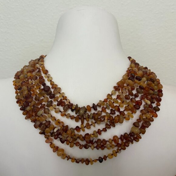 Auth. SAJEN Amber & Carnelian 8 Strand Hand Beaded Double Knotted Necklace - Picture 1 of 3